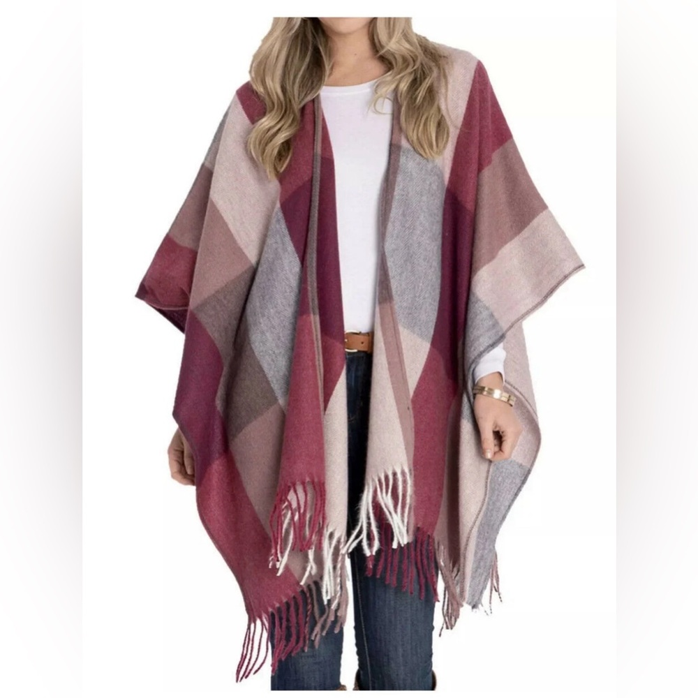 WOOLRICH luxe soft warm cozy blanket shawl wrap cape fringe buffalo plaid